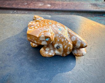 Vintage Zuni Nelson Yatsattie Frog Fetish Possibly Tigilite or Fawn Jasper w/ Inlaid Turquoise