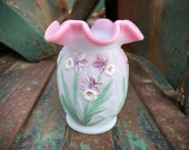 Vintage Fenton Burmese Raised and Painted Glass Vase by M Olmstead, Ruffled Edge White Pink Flowers, Third Anniversary Gift, Cottage Decor