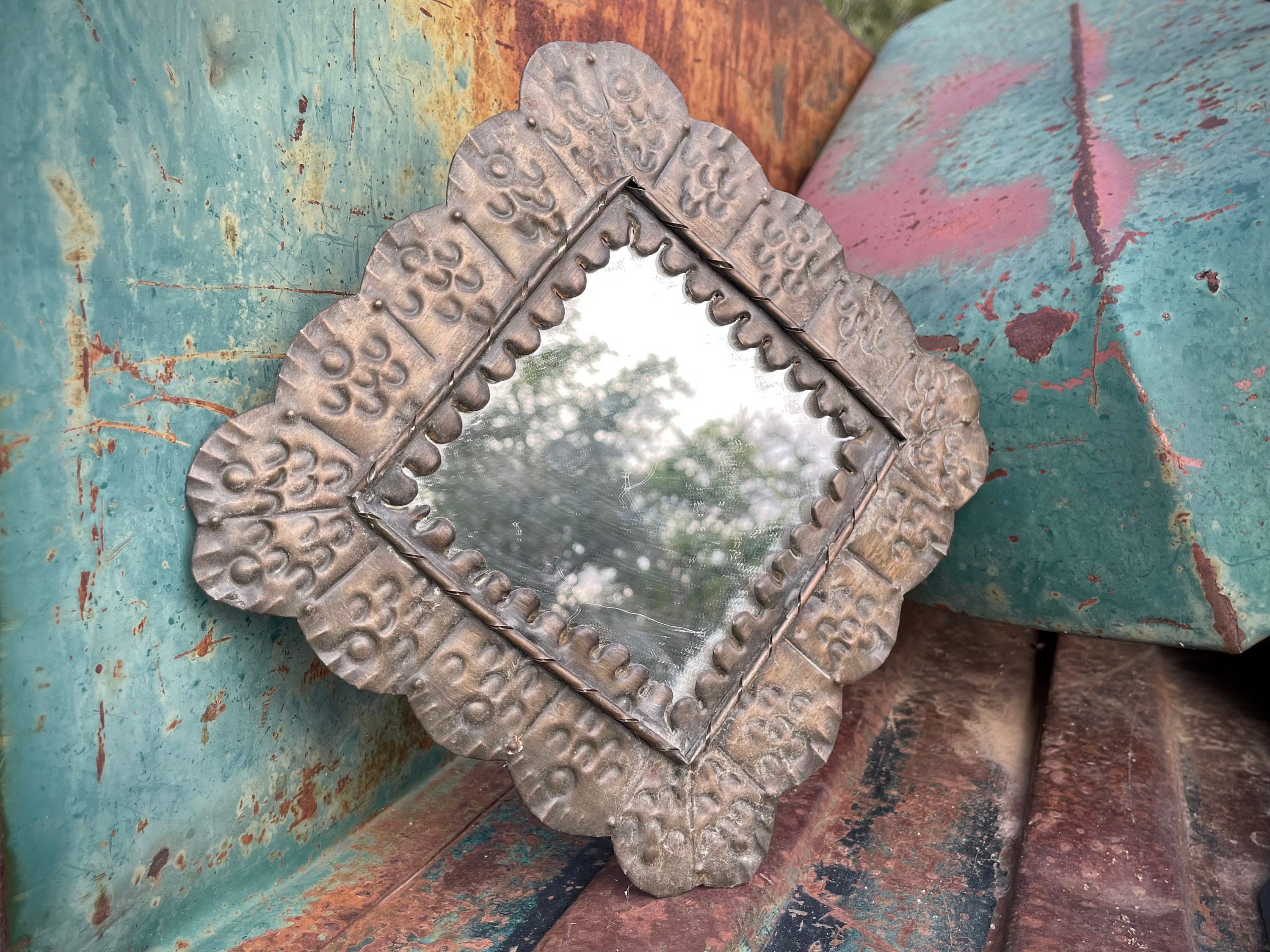 Small Mexican Tin Frame with Mirror for Wall, Mexican Home Decor, Altar