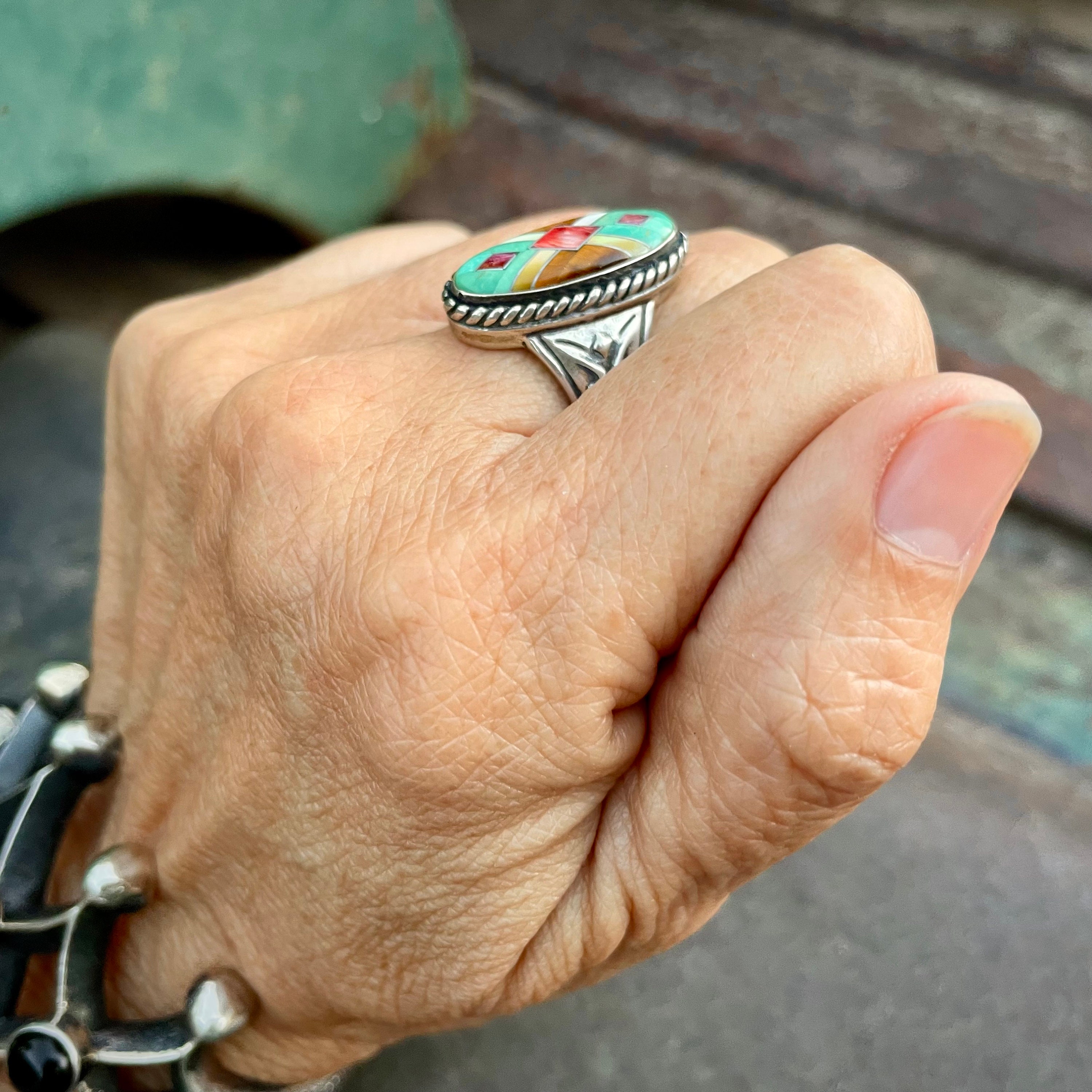 Vintage Sterling Silver Oval Turquoise Multi-Stone Channel Inlay