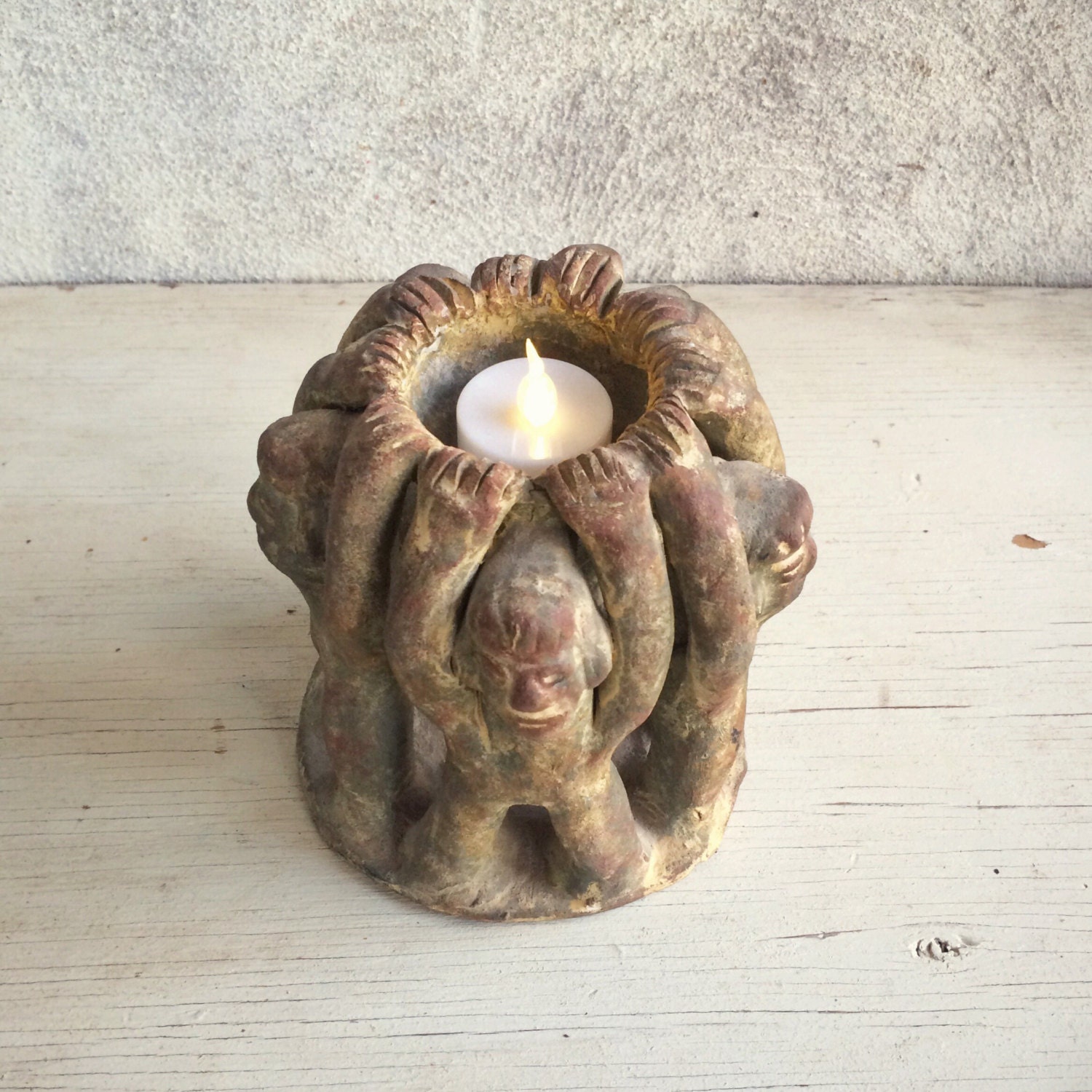 Vintage Mexican Pottery Circle of Friends Candle Holder Copal, Incense Burner, Primitive Decor