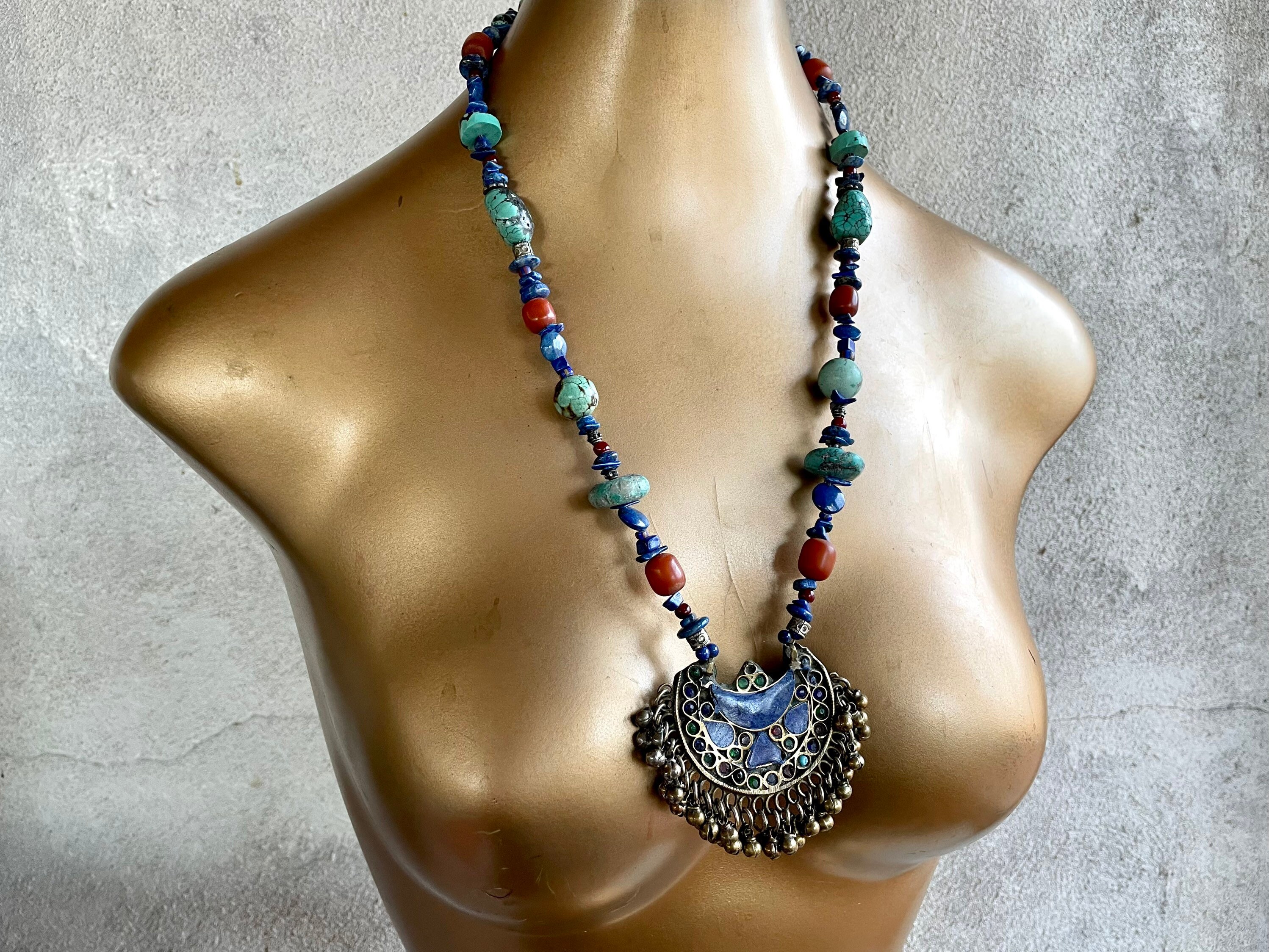 Vintage Afghan Lapis Lazuli Inlay Pendant and Turquoise Bead