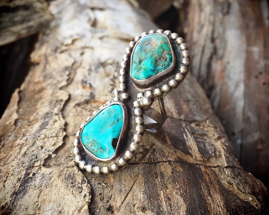 Chunky Double Turquoise Vintage Native American Navajo Sterling Silver Ring Old Chunky Double Turquoise Vintage Native American Navajo Sterling Silver Ring Old