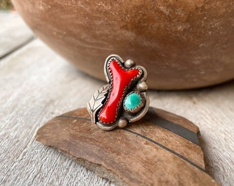 Natural Branch Coral and Turquoise Ring for Women Size 4, Native American Indian Jewelry