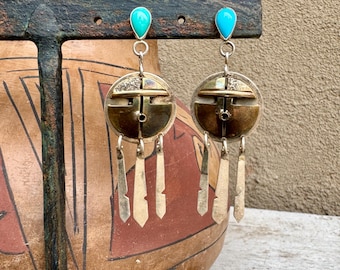 Vintage Turquoise Sterling Silver Brass Earrings Kachina Face w/ Dangles, Signed Native American