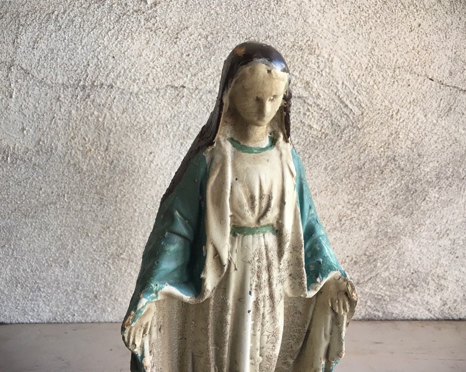 Vintage Distressed 12 Virgin Mary Chalkware Statue Home Altar