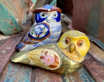 Two Tonala Mexico Pottery Owl Figurines, Mexican Folk Art, Southwestern Decor, Graduation Gift