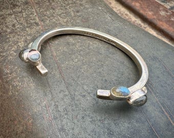 Lilly Barrack Open Cuff Bracelet Heavy Gauge Sterling Silver Labradorite on Terminals Worn Up