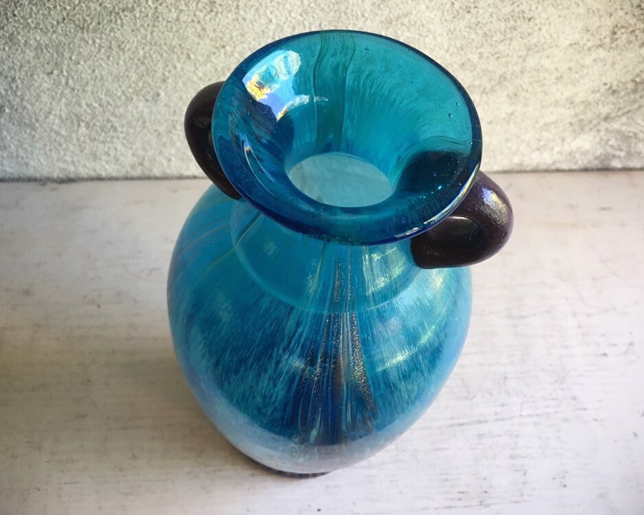 Vintage Teal Blue Favrile Art Glass Hand Blown Dale Tiffany Amphora