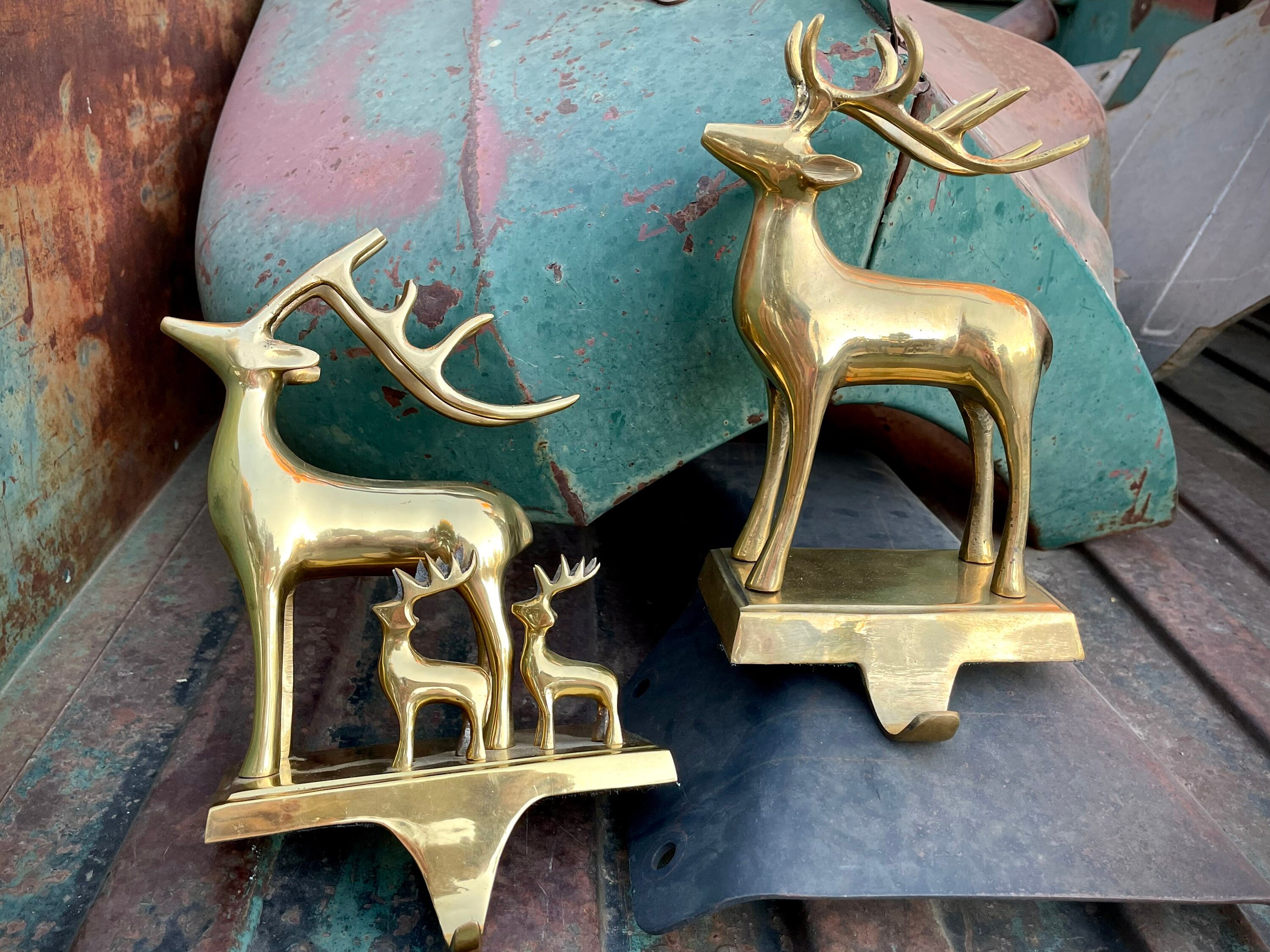 Two Vintage Heavy Brass Stocking Holders Reindeer (Mismatched), Gold