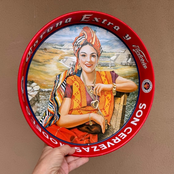 ☆レトロポップ☆Corona Extra Victoria・メタルビールトレイ Vintage Corona Extra Cerveza Y Victoria Serving Tray, Pin up Girl