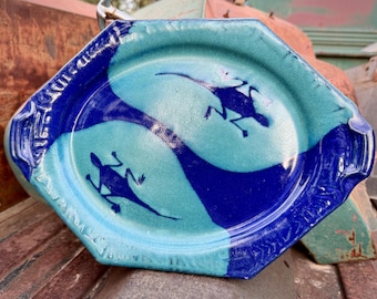 Vintage Art Studio Pottery Serving Tray 13.75" Wide, Signed Blaisdell, Blue Lizard Design
