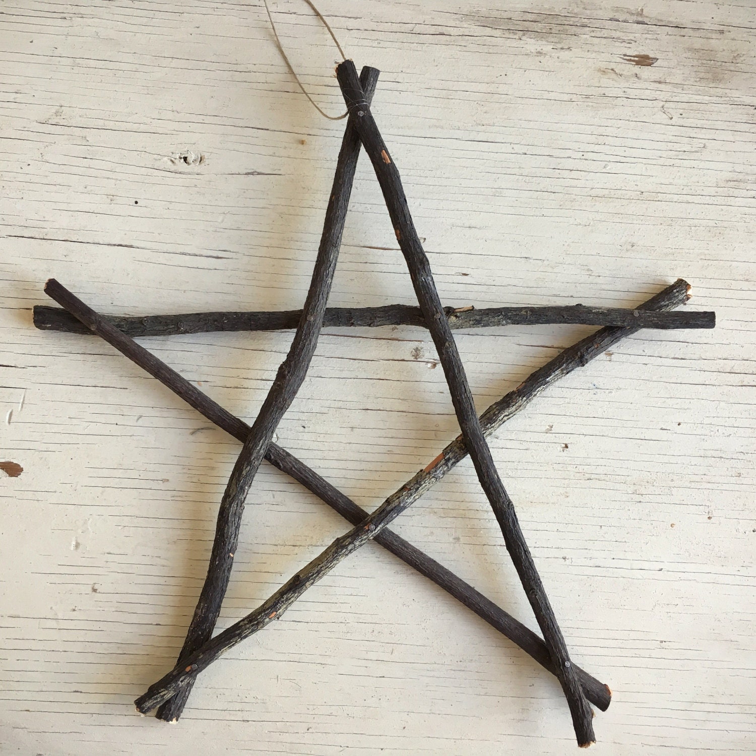Vintage twig star wall hangings, five point star, wood pentacle, rustic