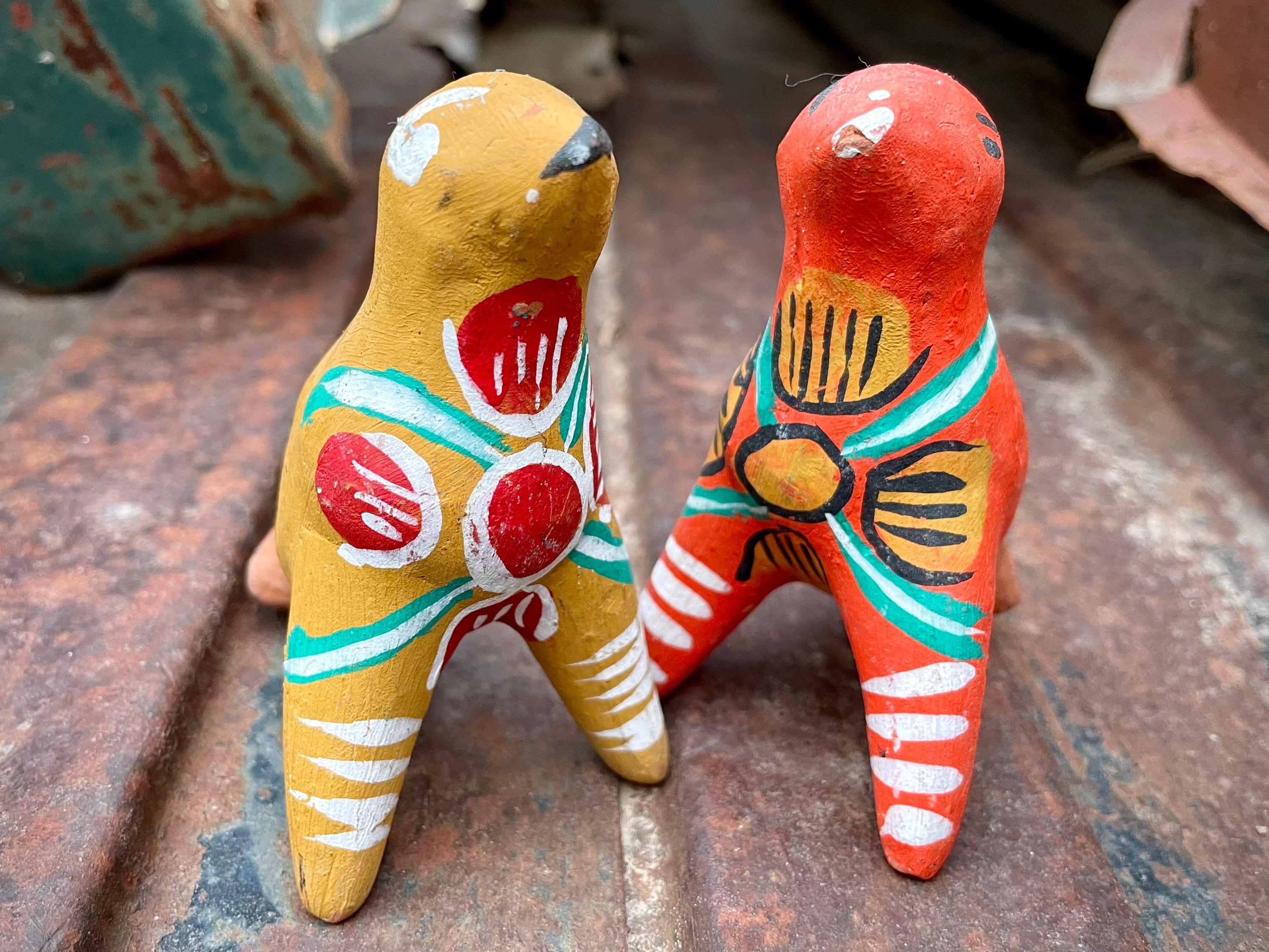 Pair of Vintage Small Mexican Pottery Bird Figurine Whistles, Ceramic