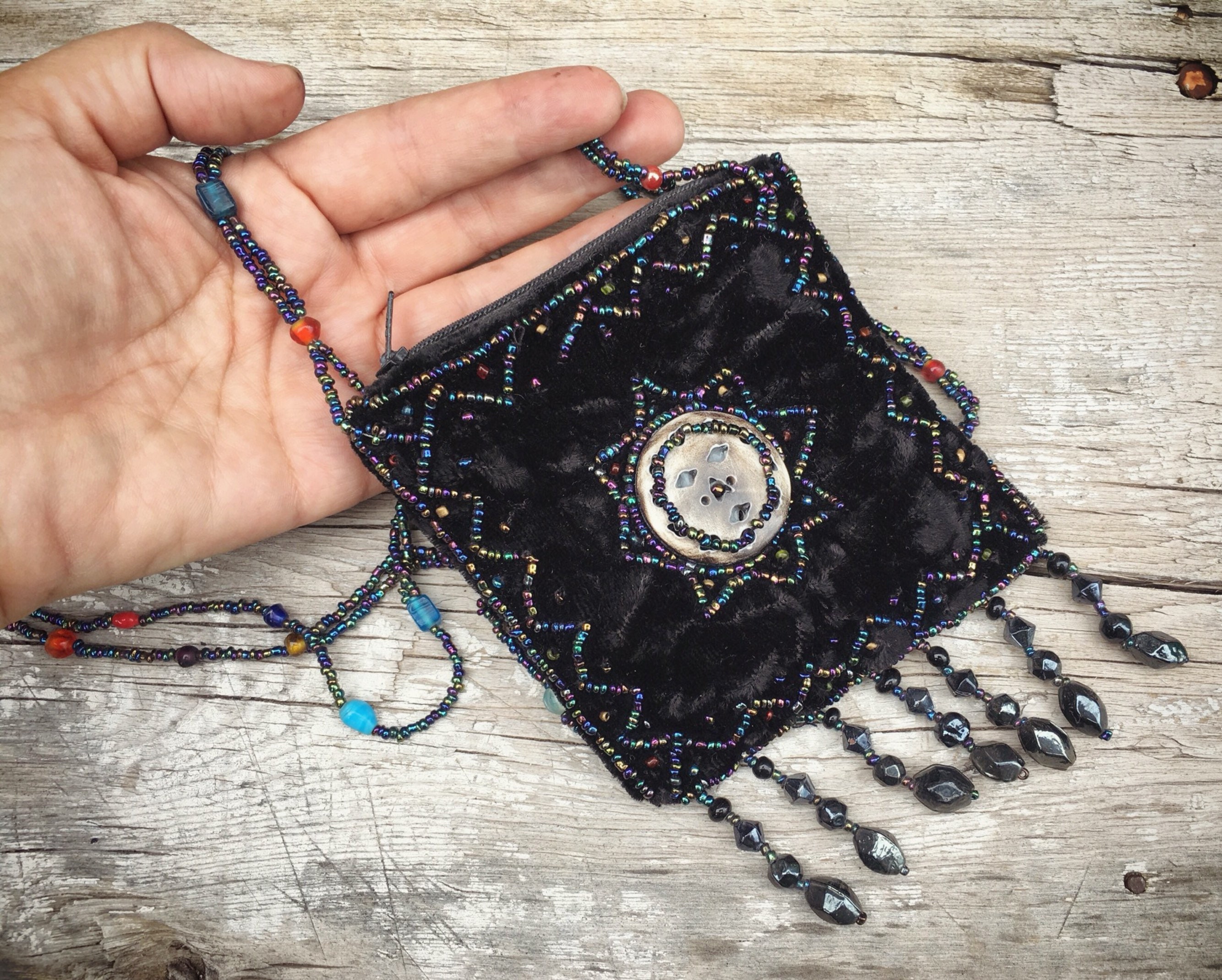 Vintage Beaded Black Velvet Medicine Bag Tribal Necklace Purse, Gift