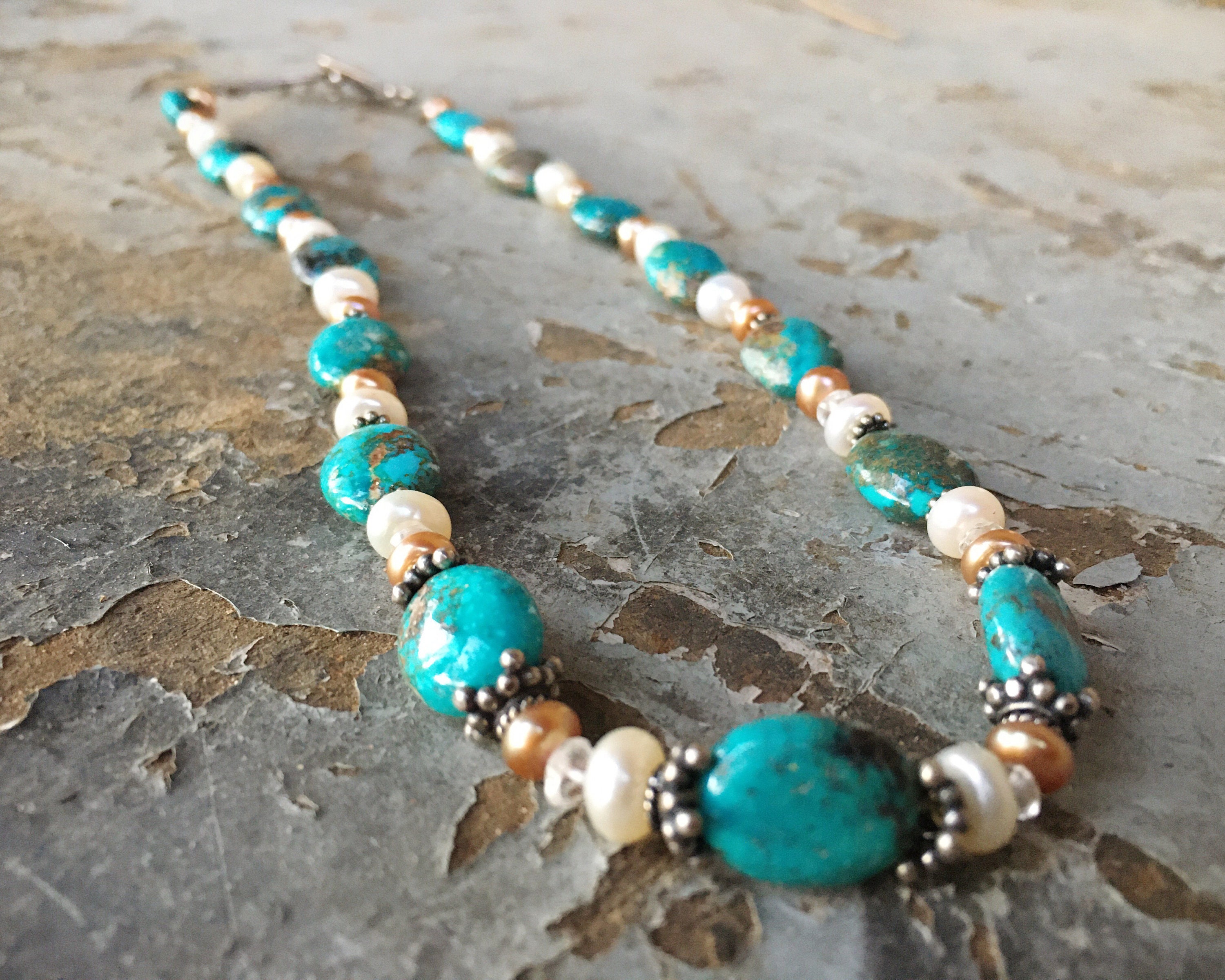 Turquoise and Fresh Water Pearl Necklace, Mothers Day Gift for Mom Her ...