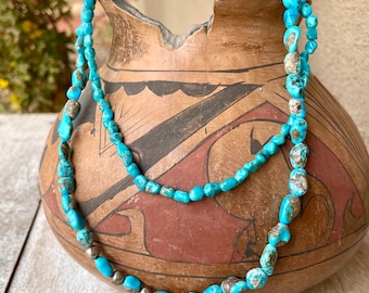 Two Strand Turquoise Nugget Choker Necklace 20", Authentic Turquoise Southwestern Jewelry Women's
