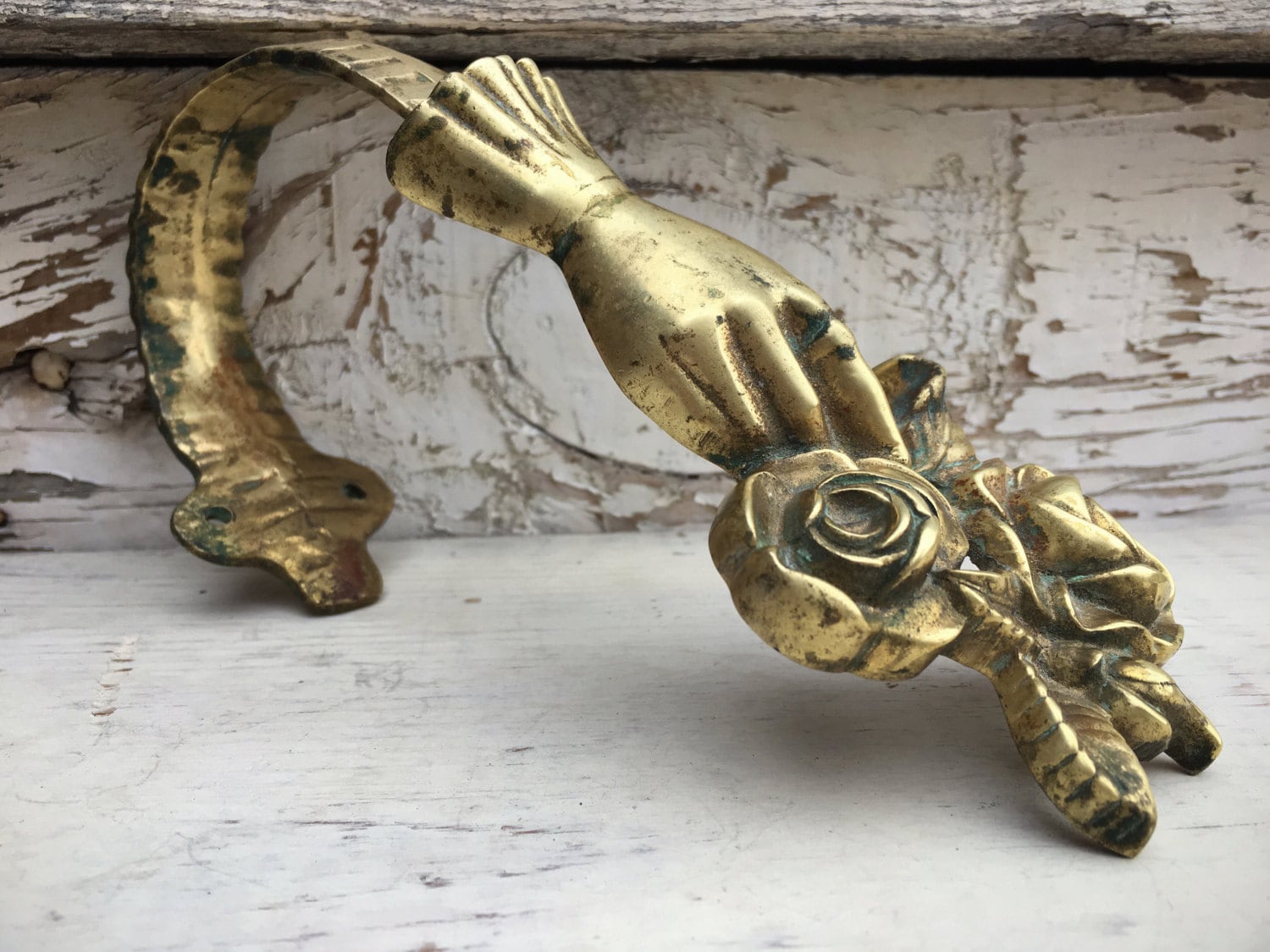 Vintage Virginia Metalcrafters brass hand wall hook Victorian hand rose architectural salvage antique hardware single curtain tie back