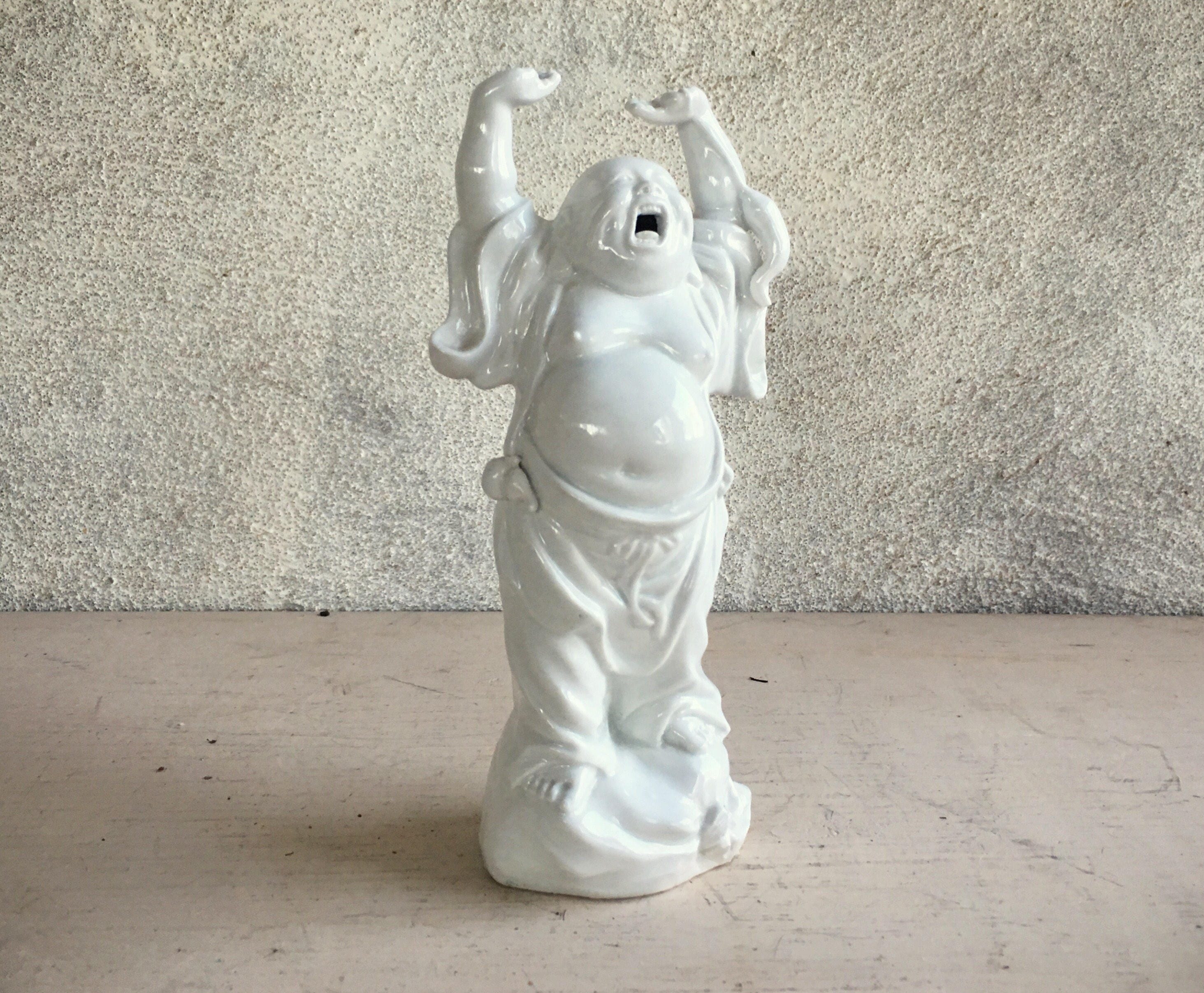 Vintage Laughing Buddha Porcelain Figurine, Happy Buddha Statue Zen Decor