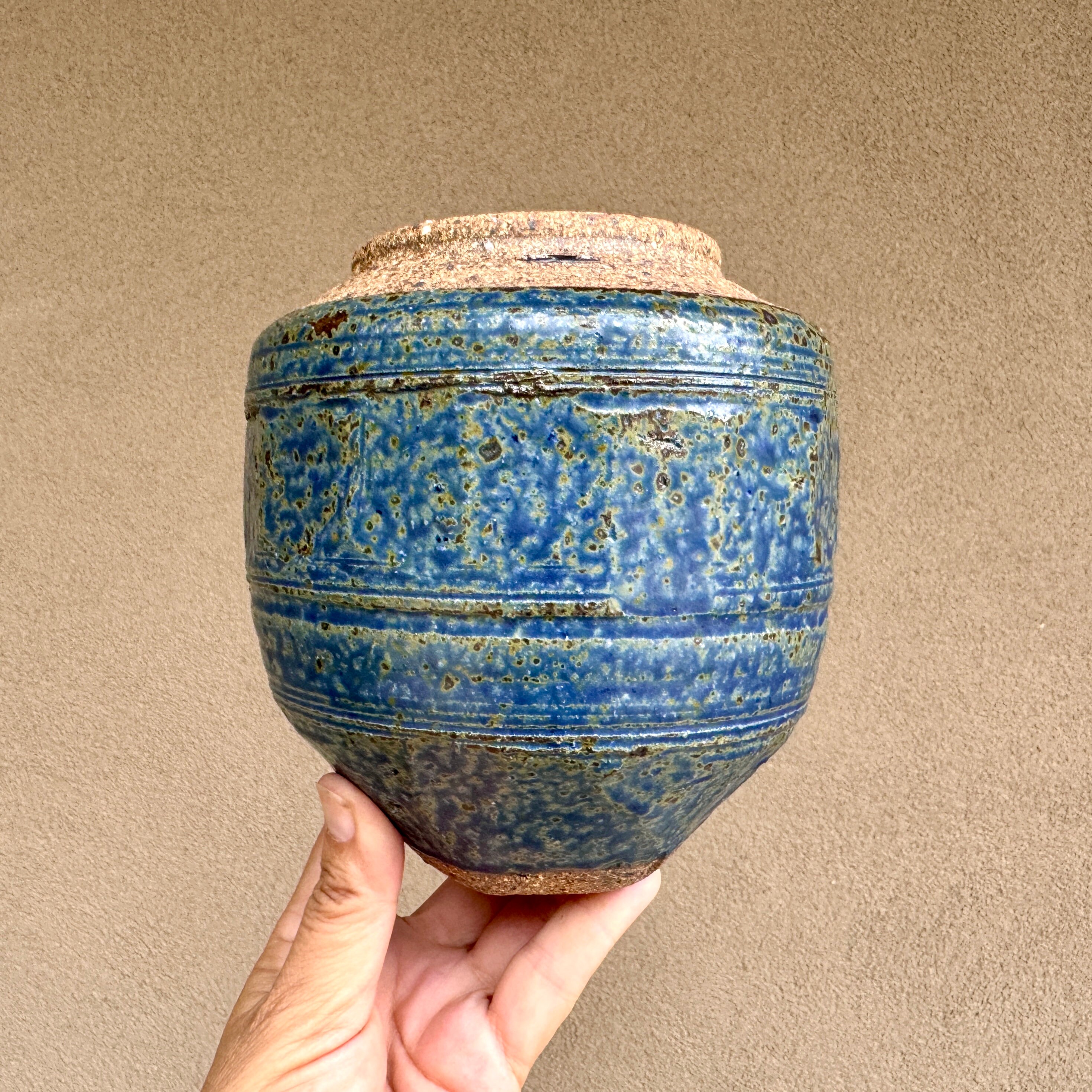 Vintage Art Studio Pottery Vase with Blue Drip Glaze, Stoneware ...