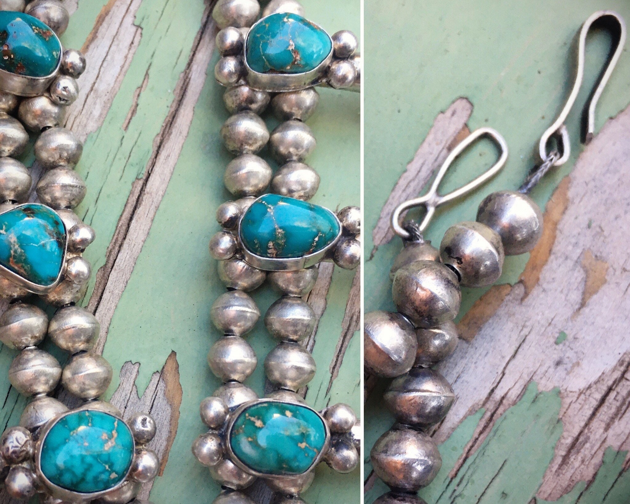 Vintage Sterling Silver Natural Turquoise Squash Blossom Necklace