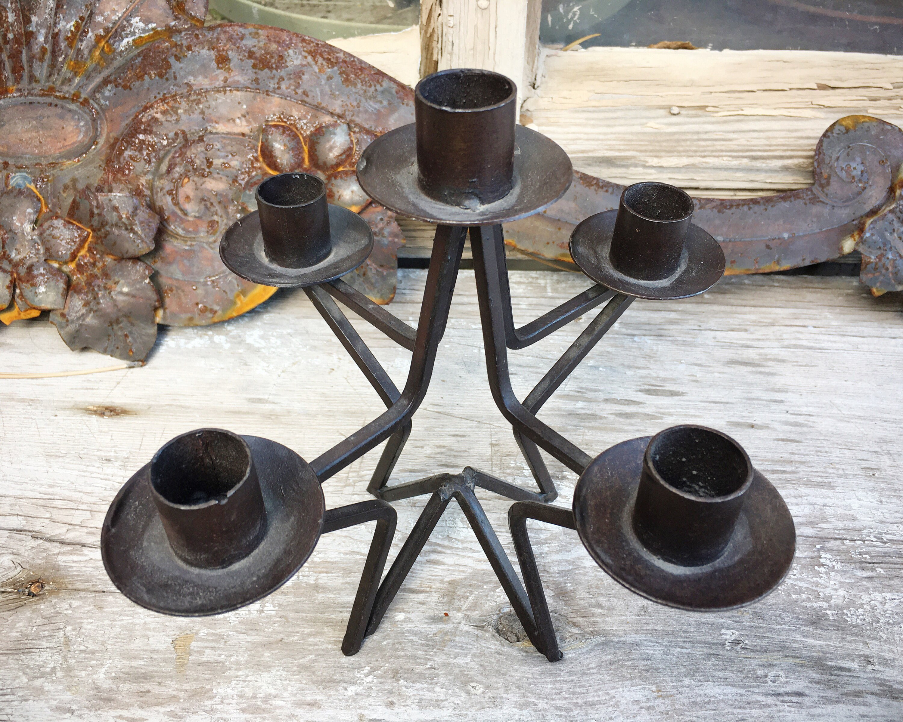 Image showcasing Dark Metal Star Candleholder Small Table Top Candelabra for Holiday ...