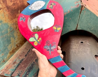 Handmade Folk Art Mirror Handheld or Wall Mount Red w/ Butterflies, Muy Bonita, Funky Decor