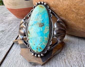 Fred Harvey Era Oval Blue Turquoise Cuff Bracelet Approx Size 6.5, Old Pawn