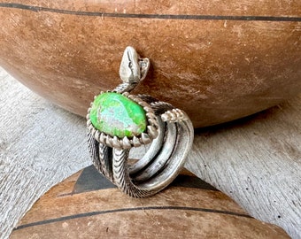 Tufa Cast Sterling Silver Carico Lake Turquoise Coiled Snake Ring by Navajo Philander Begay