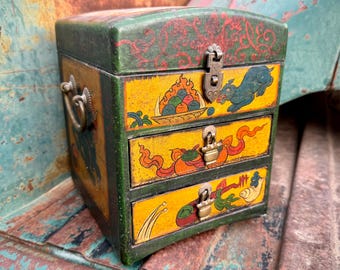 Vintage Painted Wood Box 9" Tall Brass Accents Lined Drawers Hinged Top, Tibetan Dragon Decor