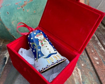 1999 Cloisonne Bell Commemorative Ornament with Snowman in Red Velvet Box, Holiday Decoration