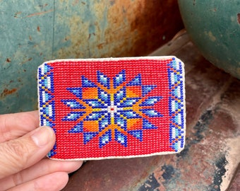 Large Vintage Beaded Belt Buckle Leather Backed and Signed, Dazzler Design, Native American