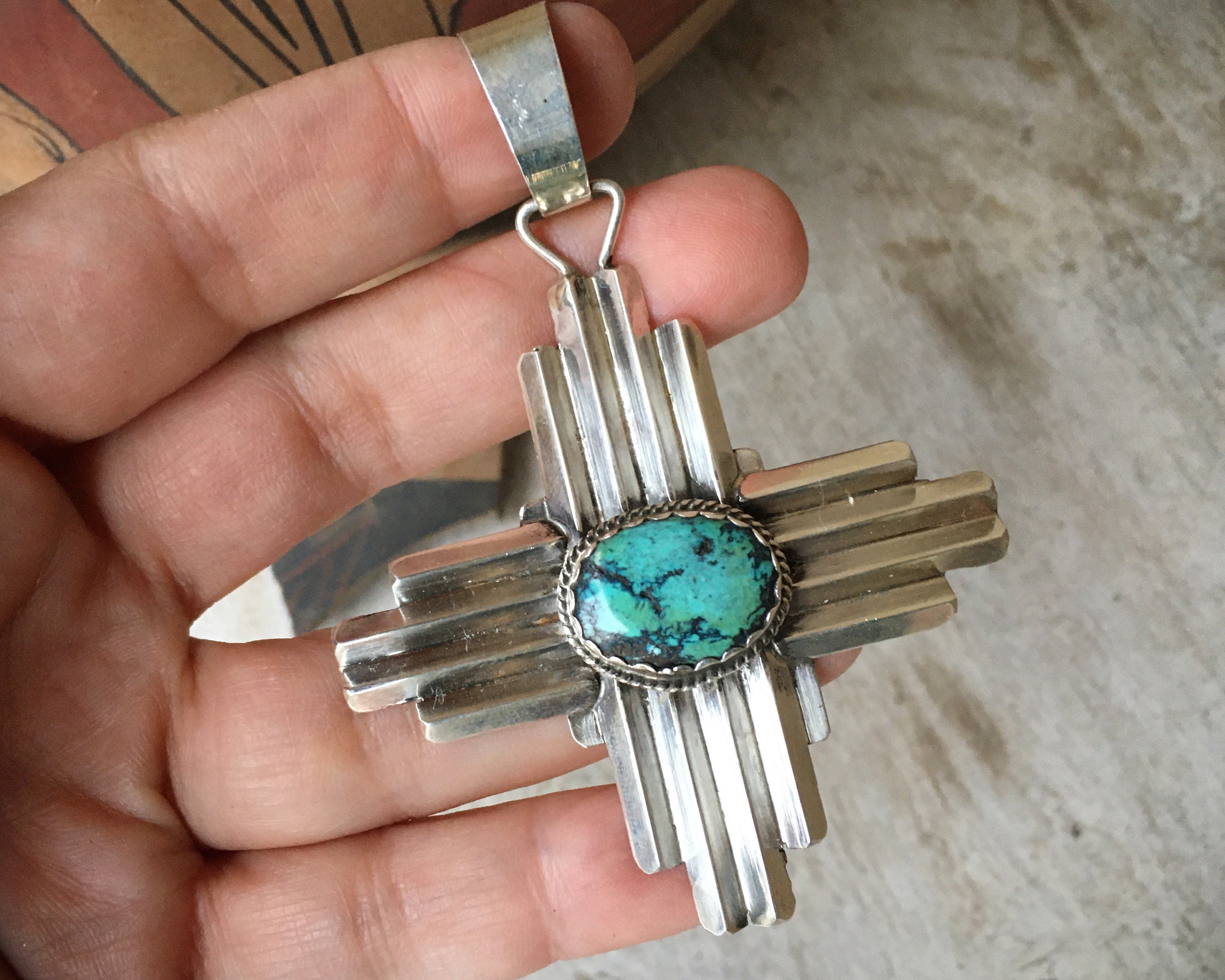 Sterling Silver and Turquoise Zia Pendant for Necklace, Native America