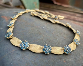 Vintage Crown Trifari Gold Tone Link Choker Necklace Blue Rhinestone Clusters 16", Metal Hang Tag
