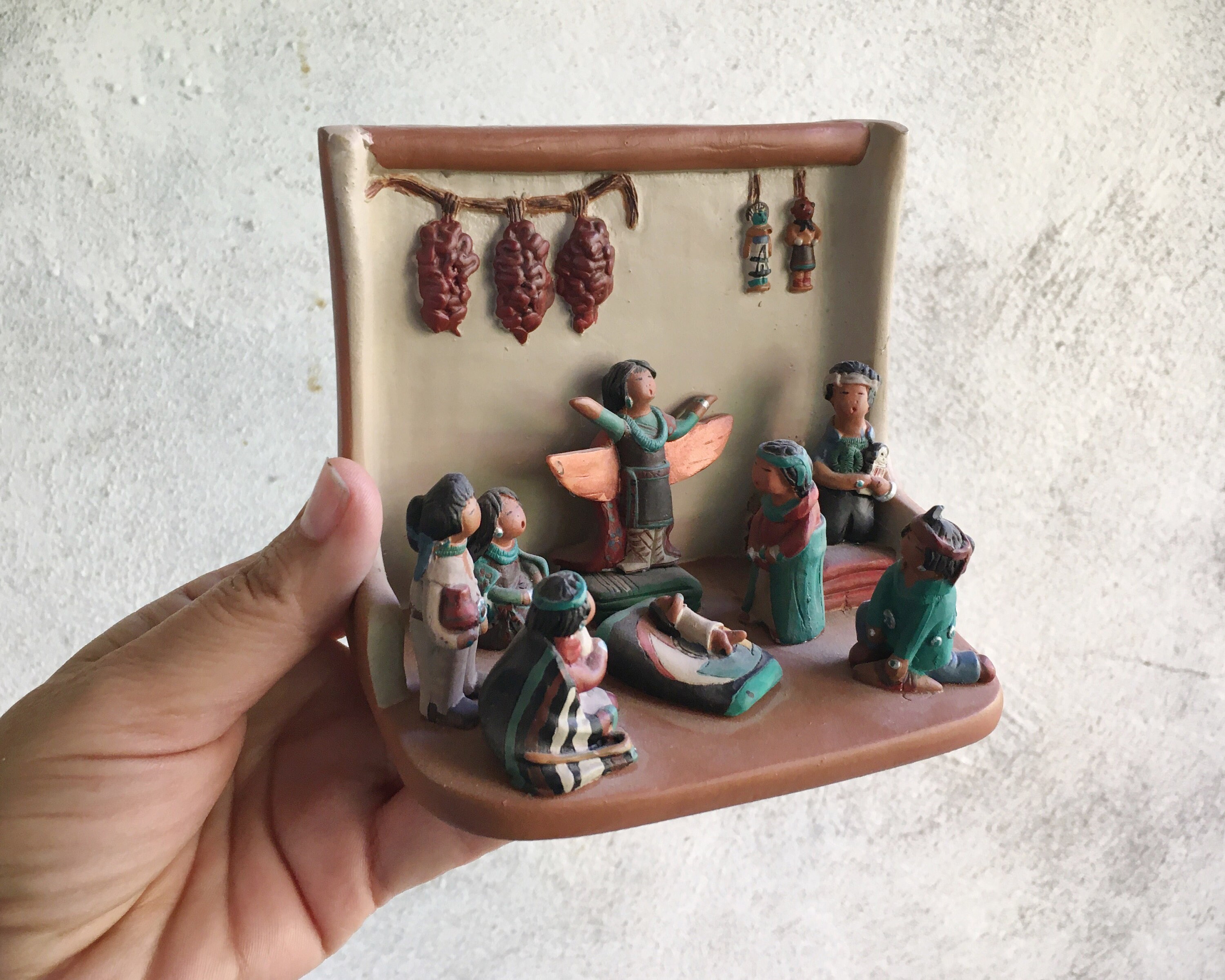 Folk Art Pottery Nativity Scene by April Romo de Vivar, Baby Jesus in Manger, Southwestern Christmas