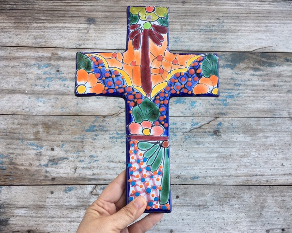 Vintage 8 x 11.5 Talavera Ceramic Cross Wall Hanging, Mexican Pottery