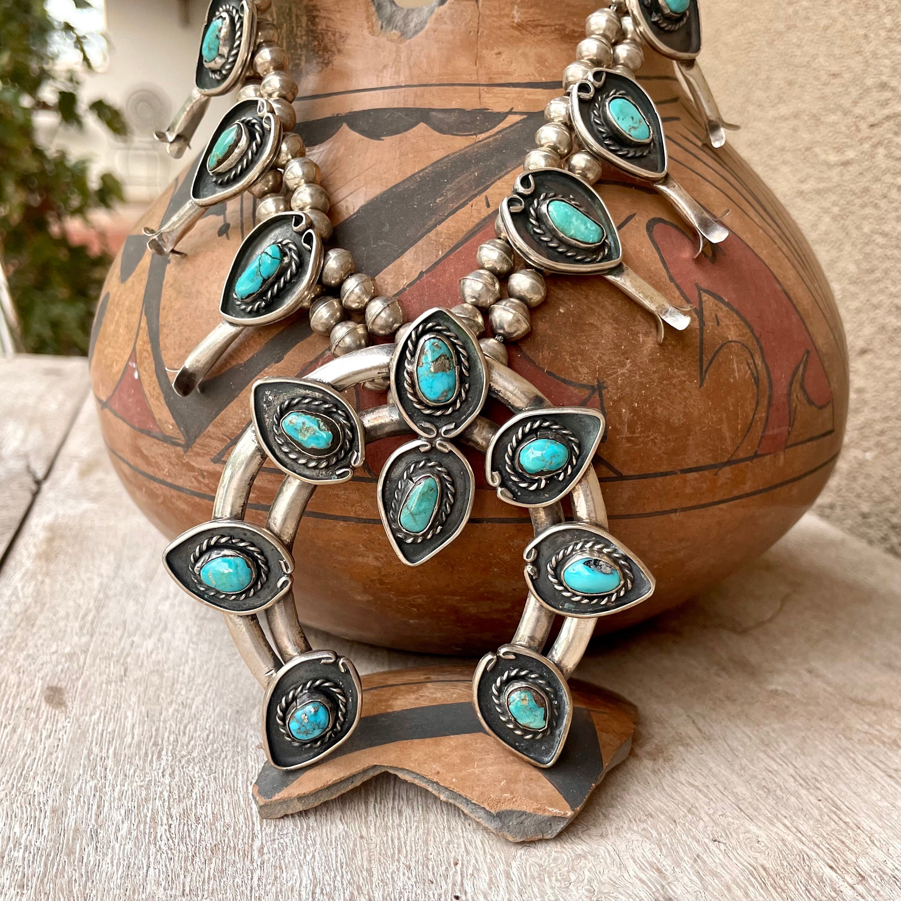 Vintage Navajo Turquoise 925 Silver Squash Blossom Necklace - Yourgreatfinds