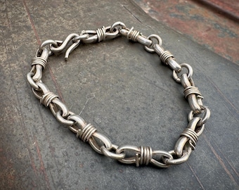 Vintage Taxco Mexican Sterling Silver Link Bracelet, Cable Coiling Knot Style, Wrist Chain