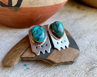 Sterling Silver Turquoise Post Earrings with Unique Design, Southwestern Native American Jewelry