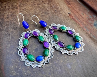 Sterling Silver Multi-Gemstone Hoop Dangle Earrings, Converted from Clip-Ons