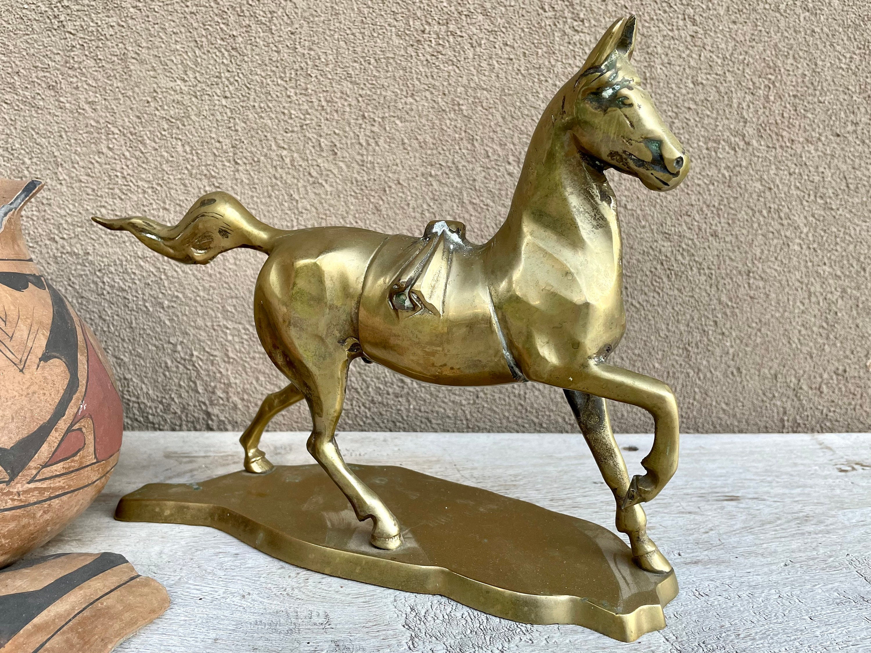 Large Vintage Brass Trotting Horse Statue on Stand, Equine Shelf