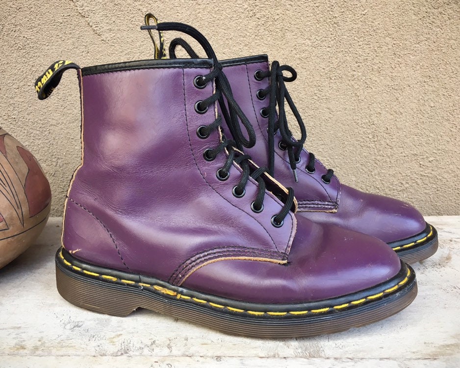 Made in England Dr Martens Boots Purple Leather US Women's Size 8 Doc Marten Combat Boot