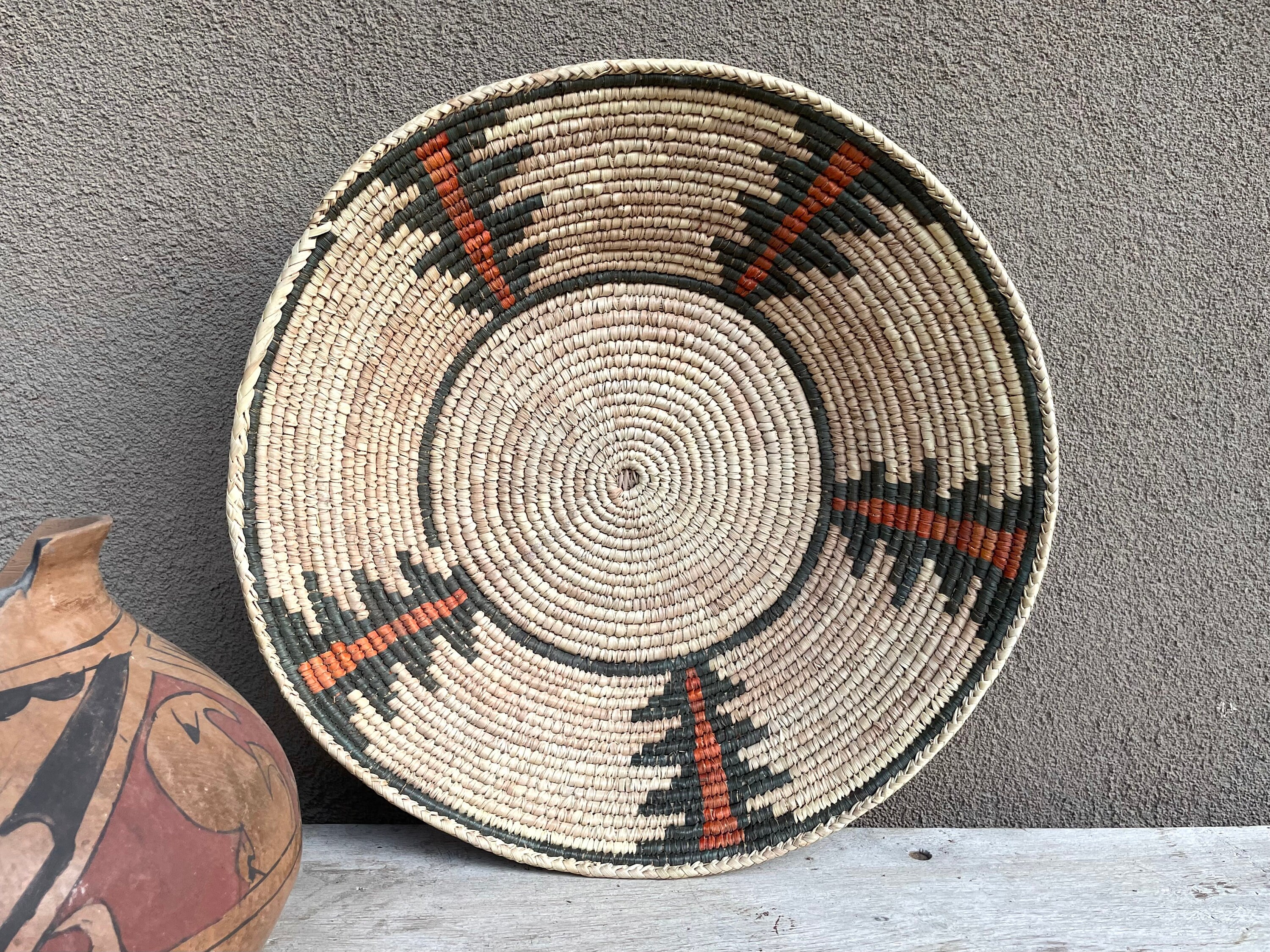 Coiled Shallow Basket Wall Hanging Southwestern Colors Bohemian Decor Native Style Woven Basket