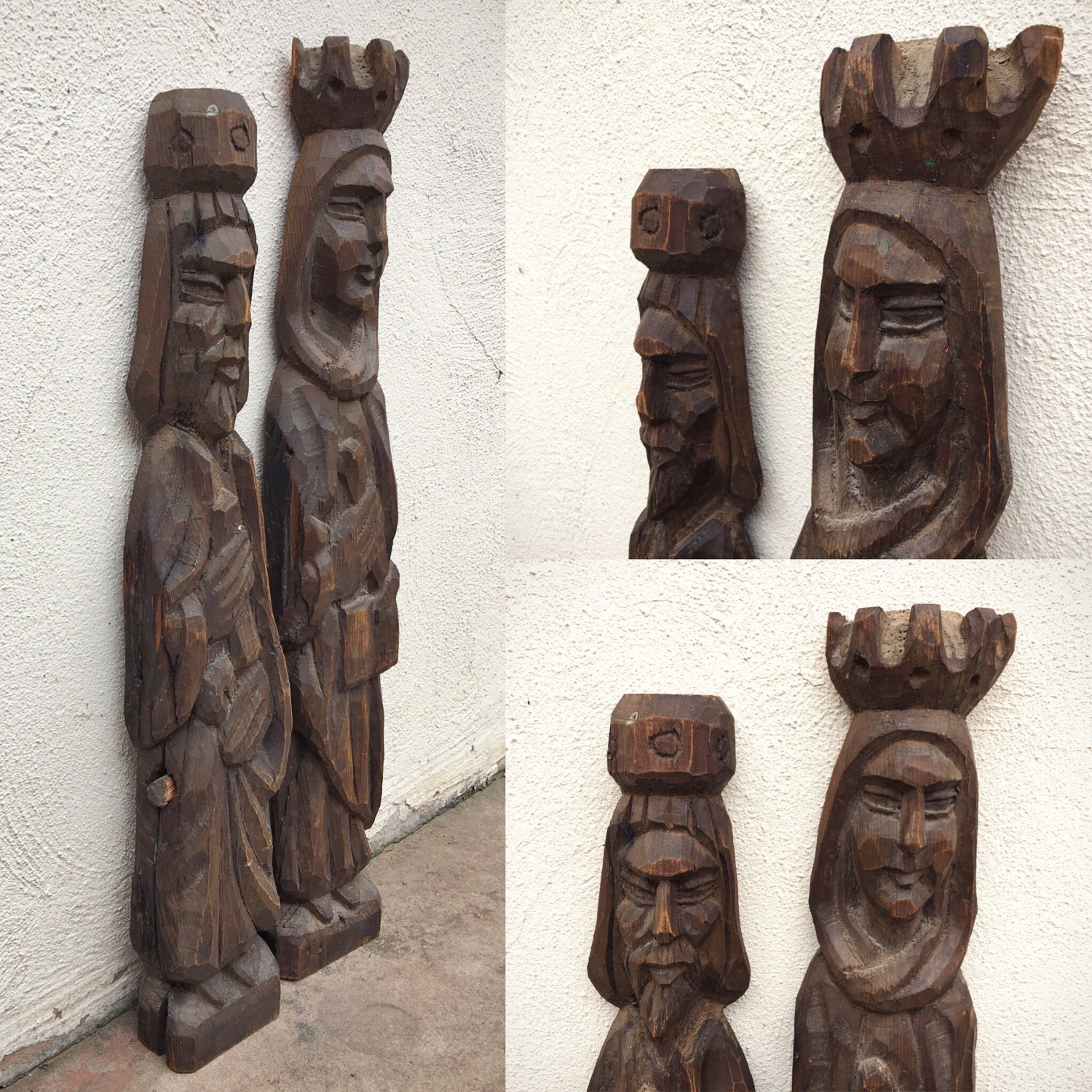 Pair of 1960s wood wall art Queen Isabella King Ferdinand of Spain