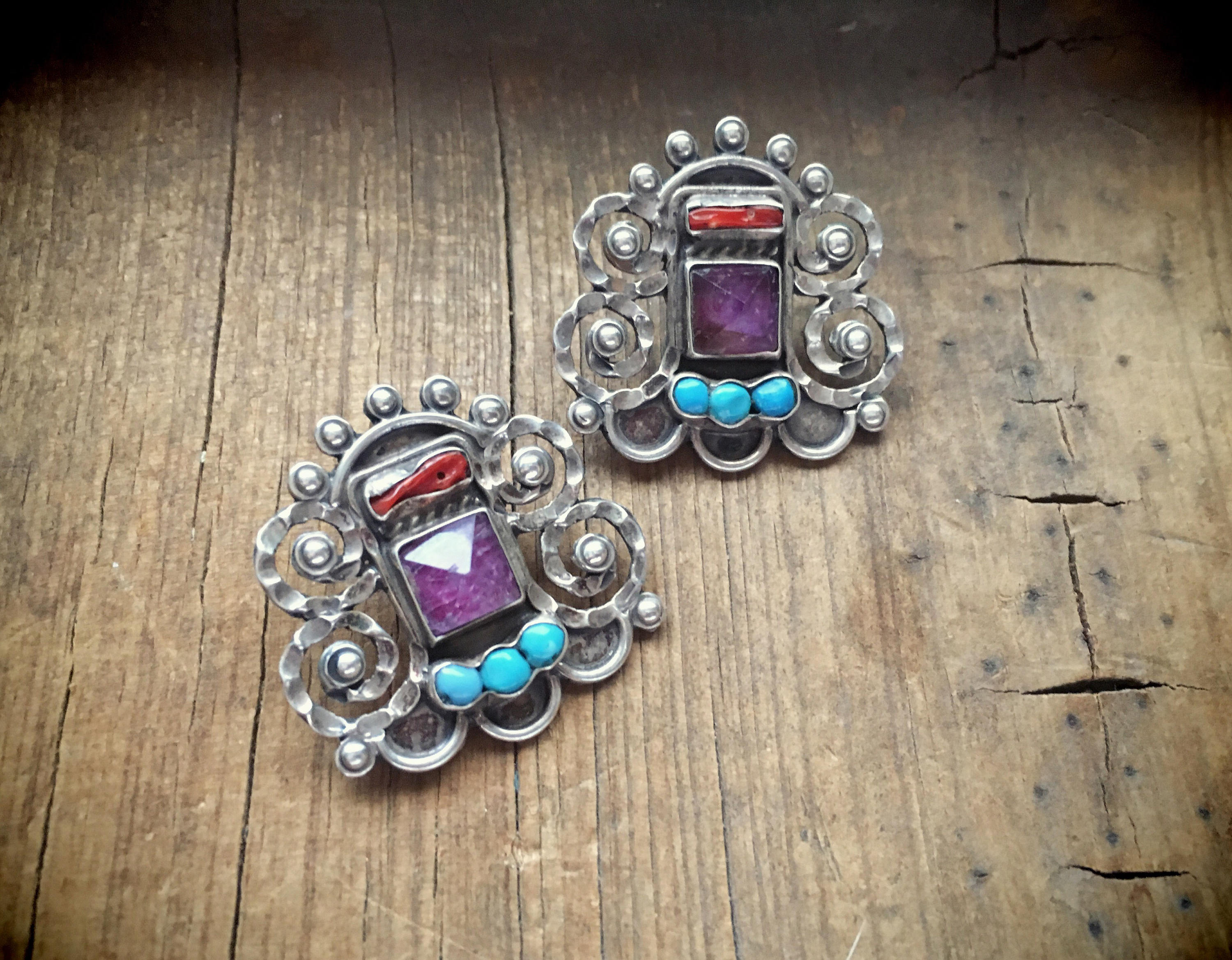 Vintage Taxco earrings Mexican Jewelry MATL Style Amethyst Turquoise