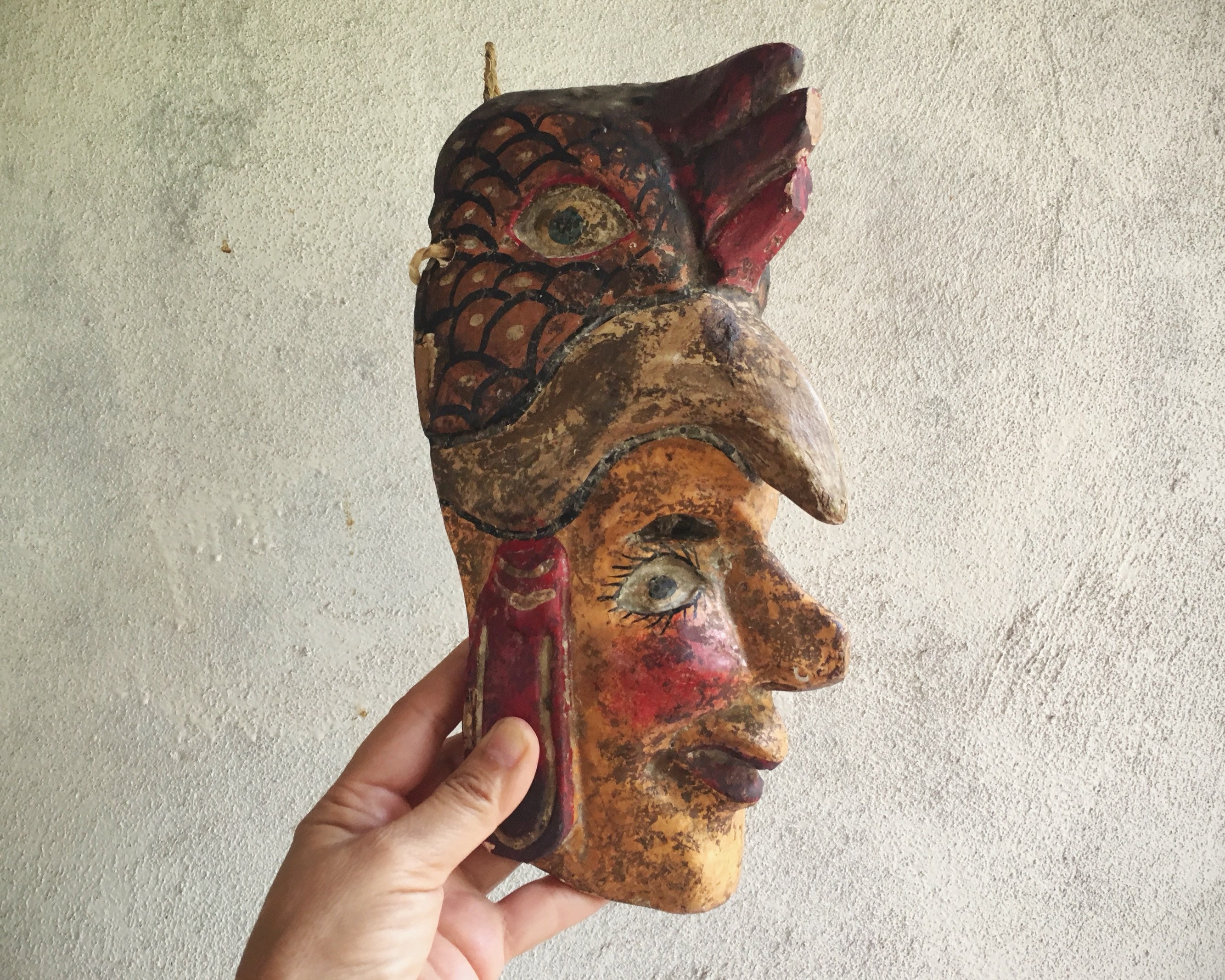 Antique Wooden Mask Chicken Rooster Man, Mexican Folk Art, Ceremonial Mask Wall Hanging