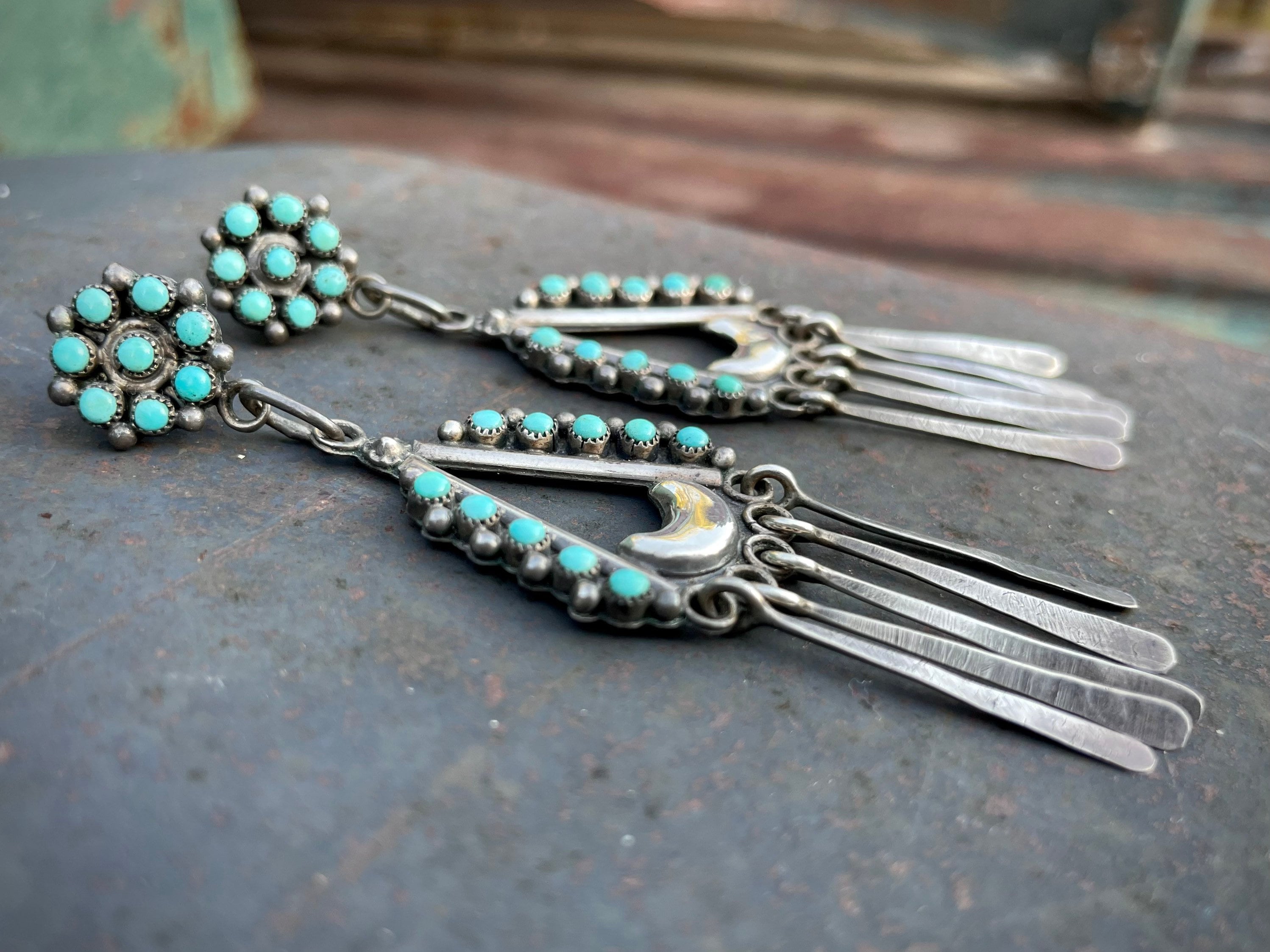 Zuni Snake Eye Turquoise Chandelier Earrings with Dangles, Vintage