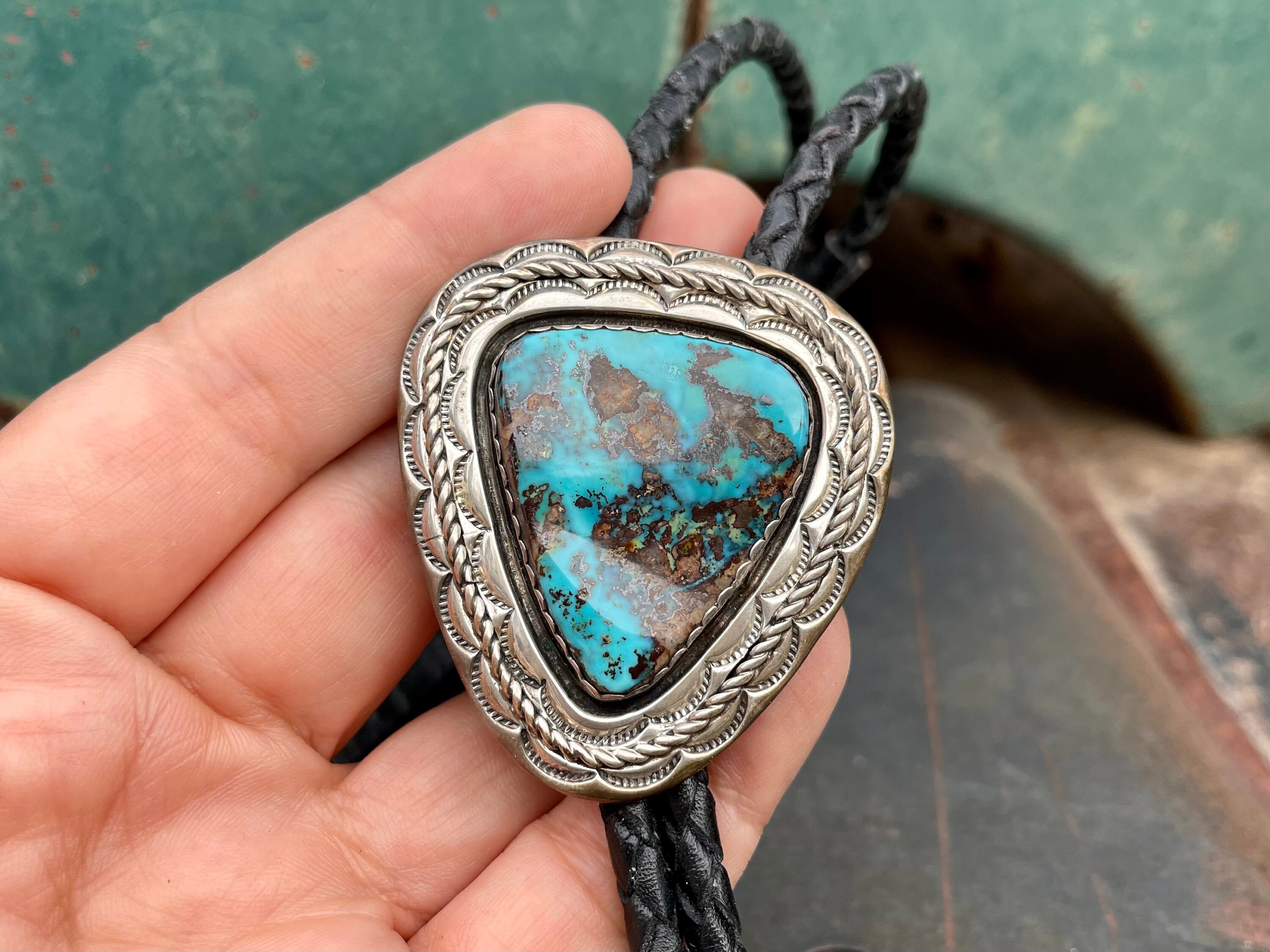 RESERVED Vintage High Grade Turquoise Bolo Tie with Stamped