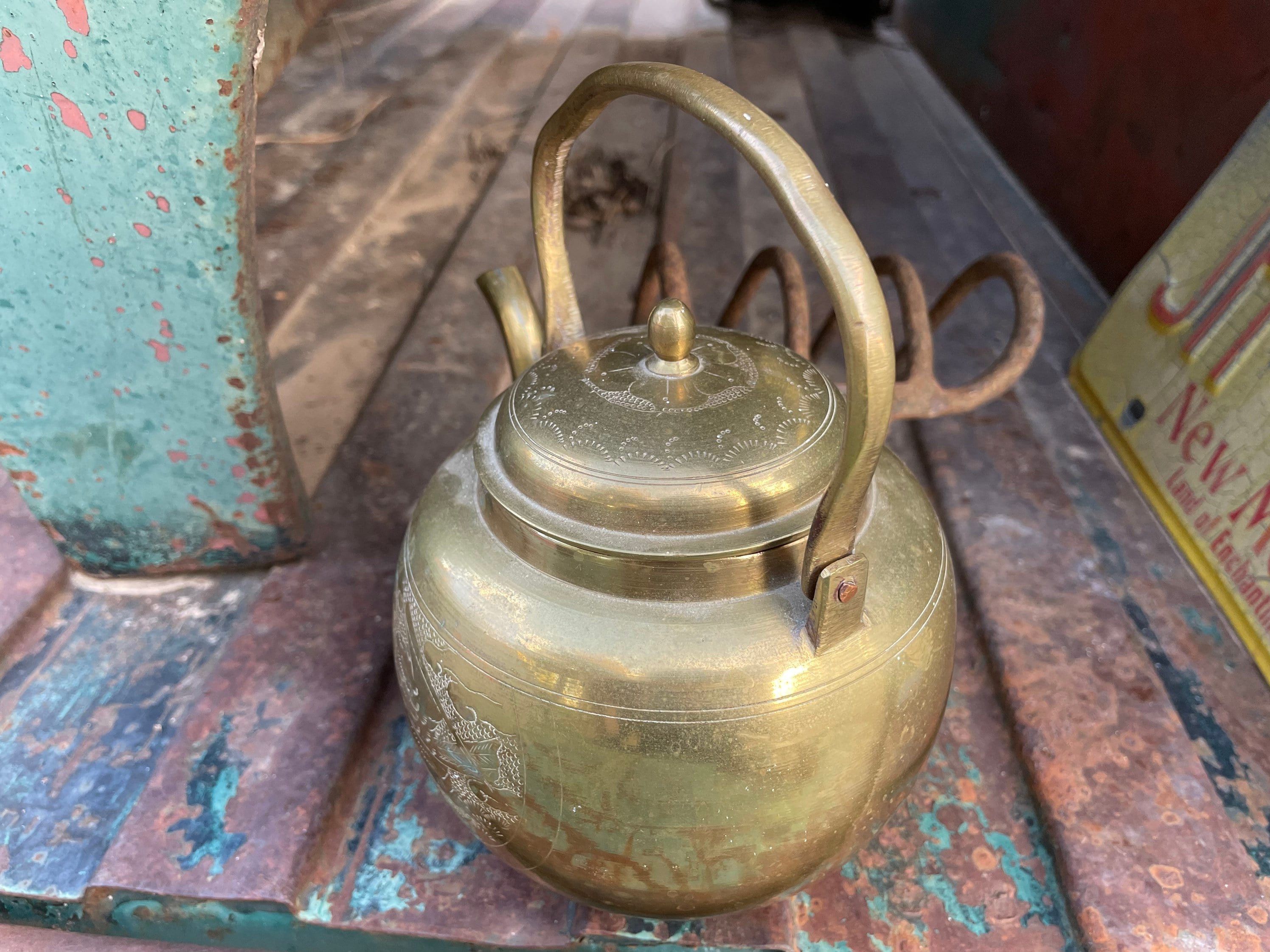 Vintage Small Etched Brass Teapot, Modernist Style Tea Pot Drinking