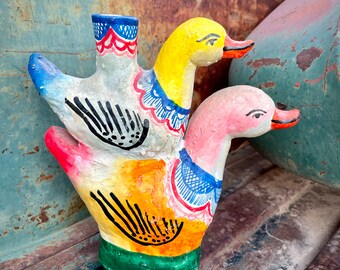 Vintage Distressed Mexican Pottery Folk Art Stacked Bird Sculpture, Colorful Primitive Decor Rustic Southwestern Candleholder Puebla Redware